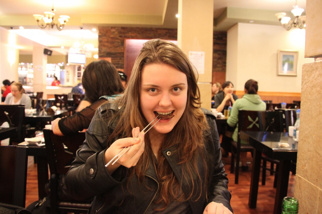 Nicole eating some Korean BBQ